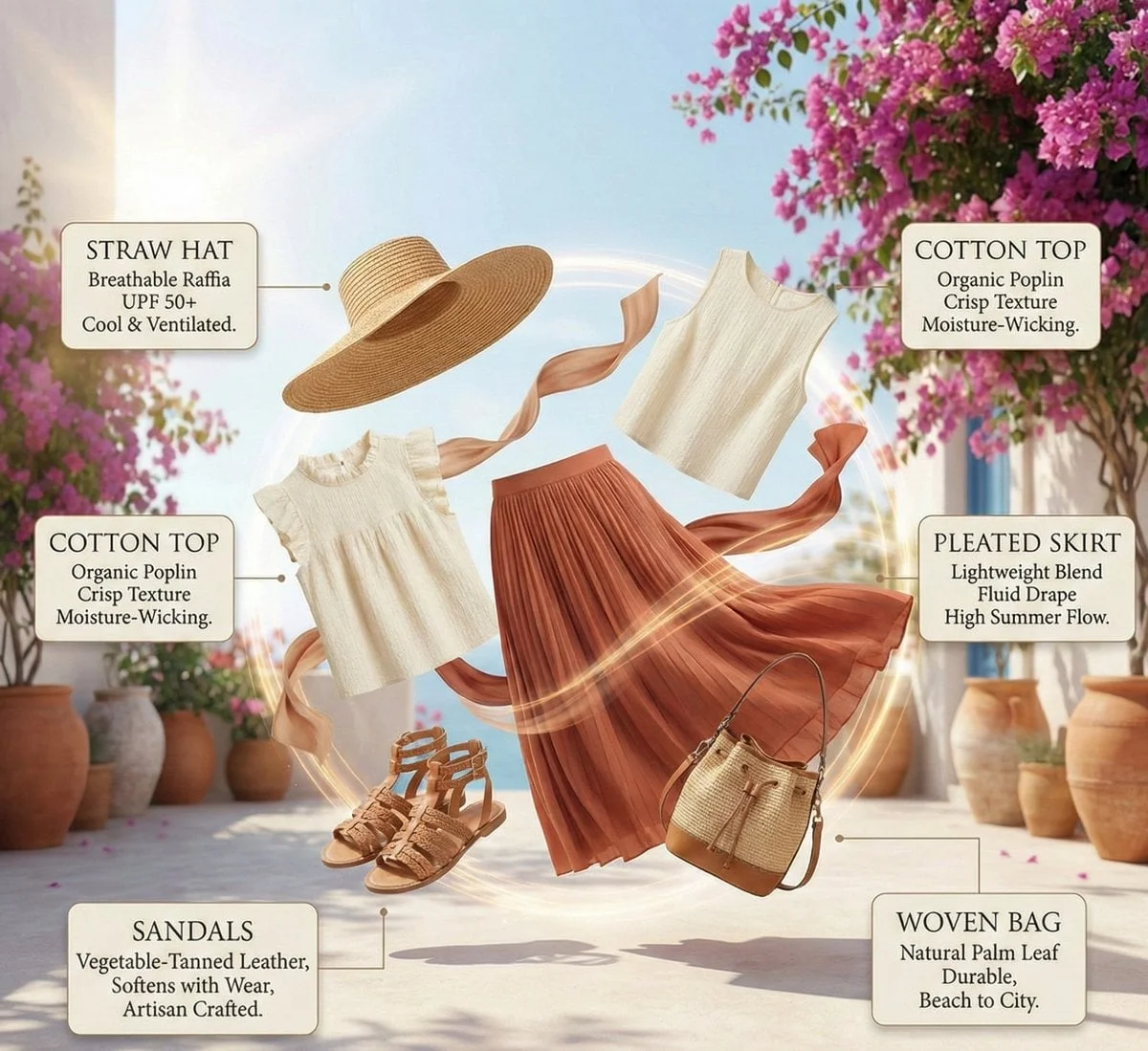 High-fashion summer outfit infographic with