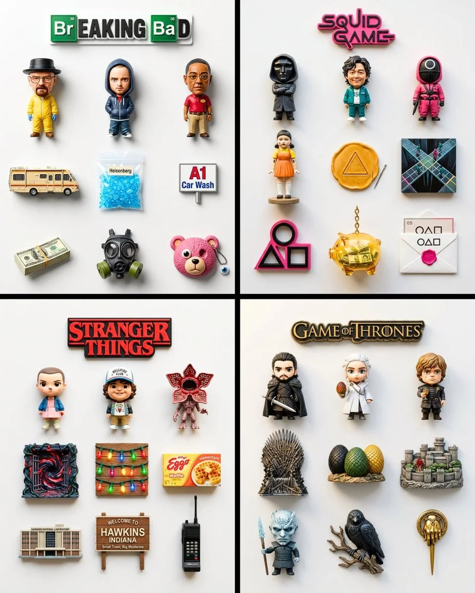 A flat-lay collection of exactly 9 hyper-realistic 3D