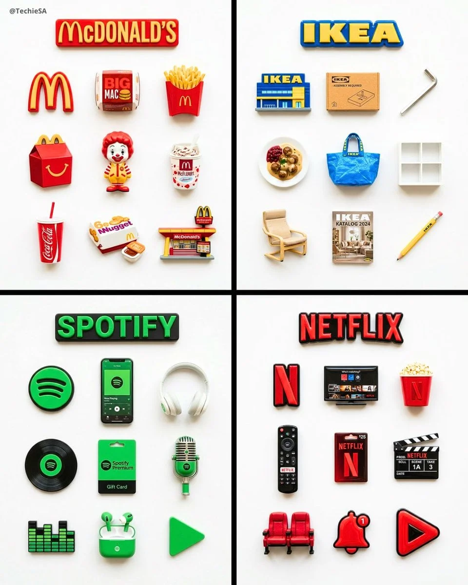 A flat-lay collection of exactly 9 hyper-realistic 3D