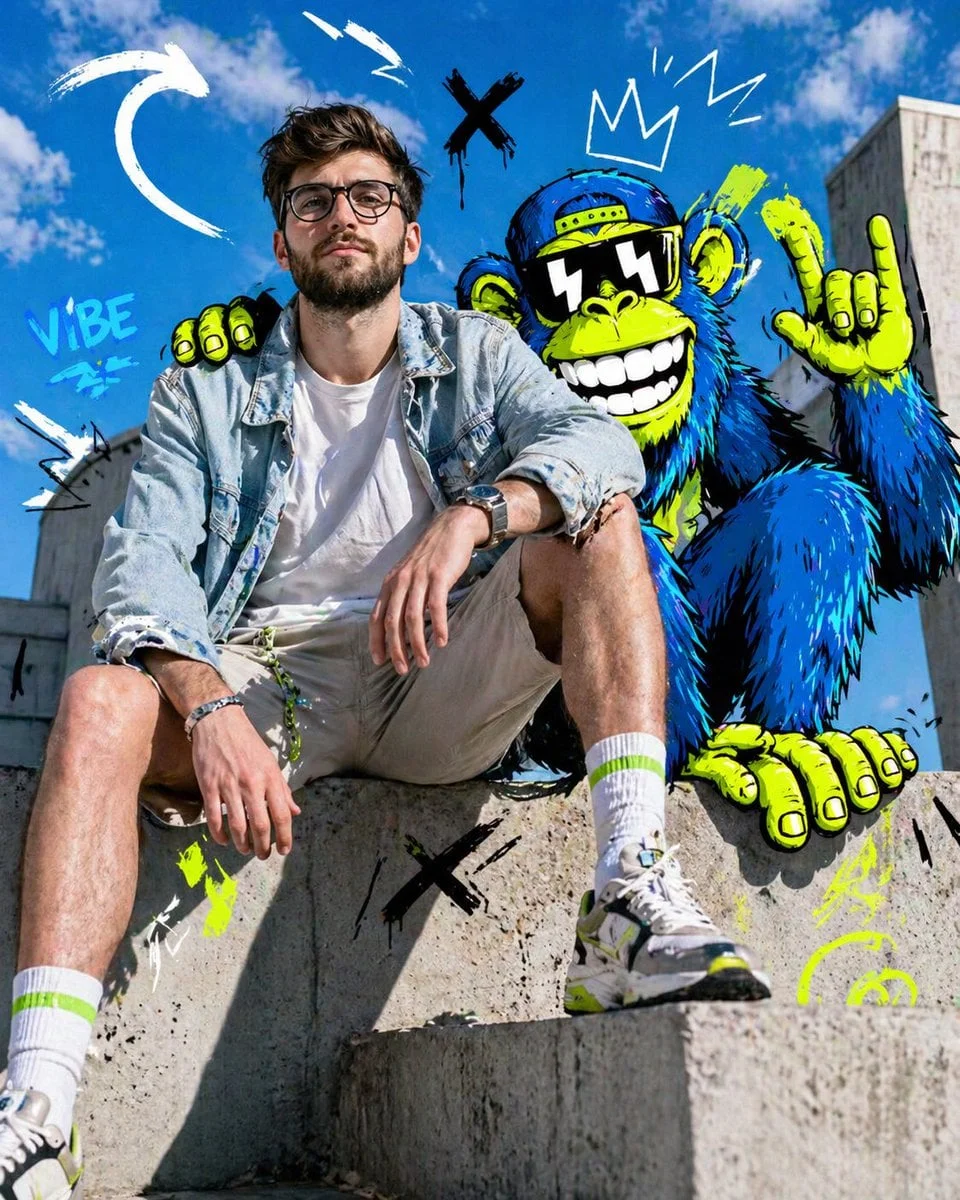 Full-body fashion editorial shot of a confident young