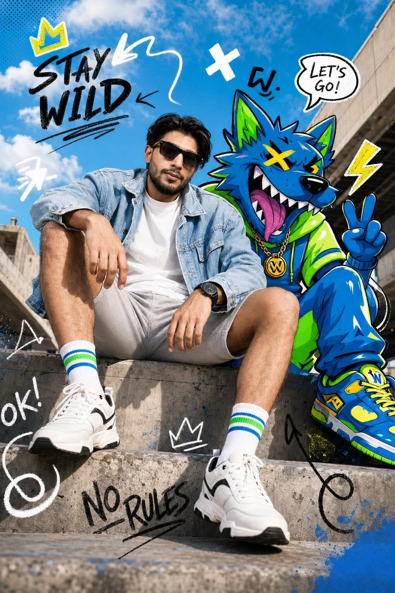 Full-body fashion editorial shot of a confident young