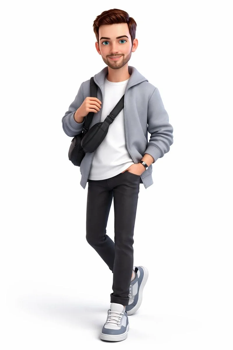 A full-body 3D stylized cartoon boy