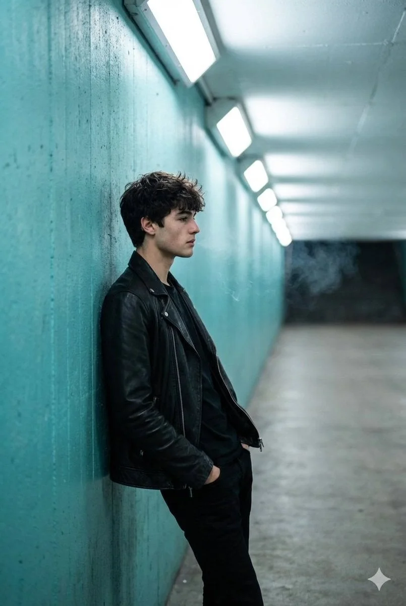 A full shot captures a young man in profile leaning