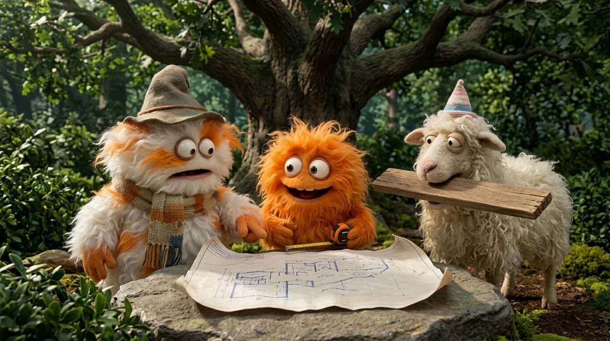 Create a funny 4-part story featuring 3 fluffy creatures