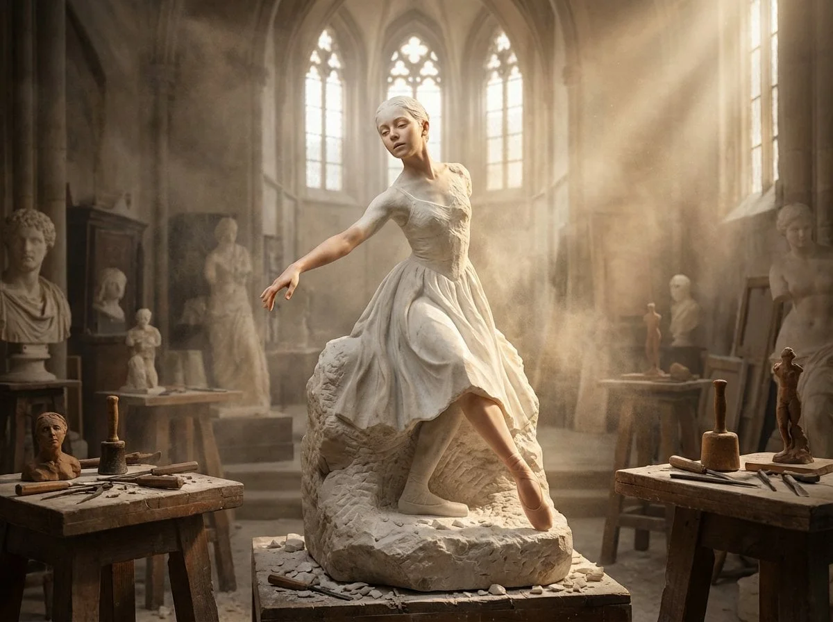 A half-finished marble sculpture in a dusty Renaissance