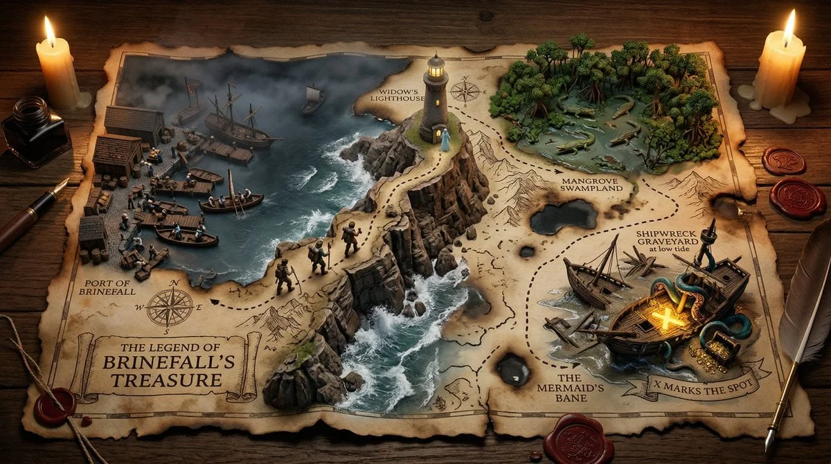 A hand-drawn treasure map on aged parchment with the
