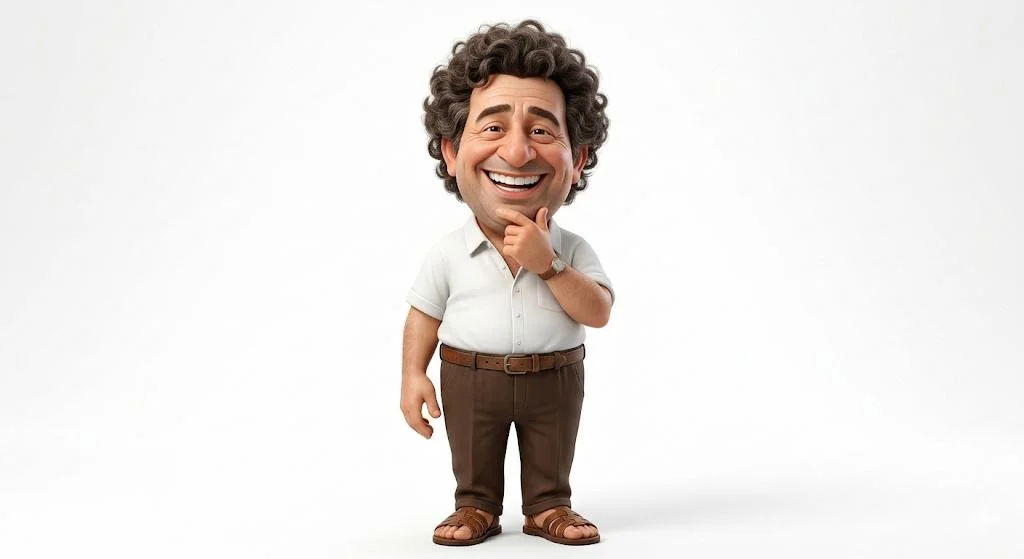 A highly detailed 3D caricature of a cheerful man with