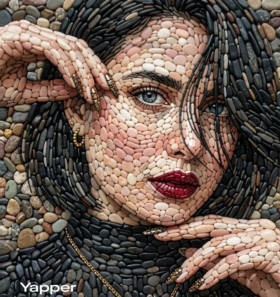 A highly detailed pebble mosaic portrait of a beautiful