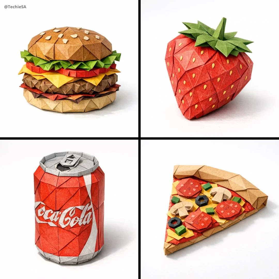 A hyper-detailed origami FOOD ITEM folded from