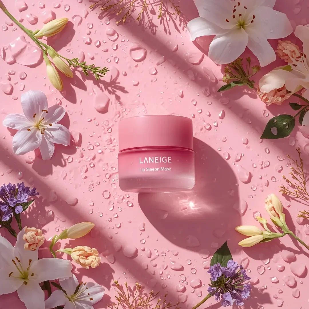 A hyper-realistic beauty product photograph of a pink
