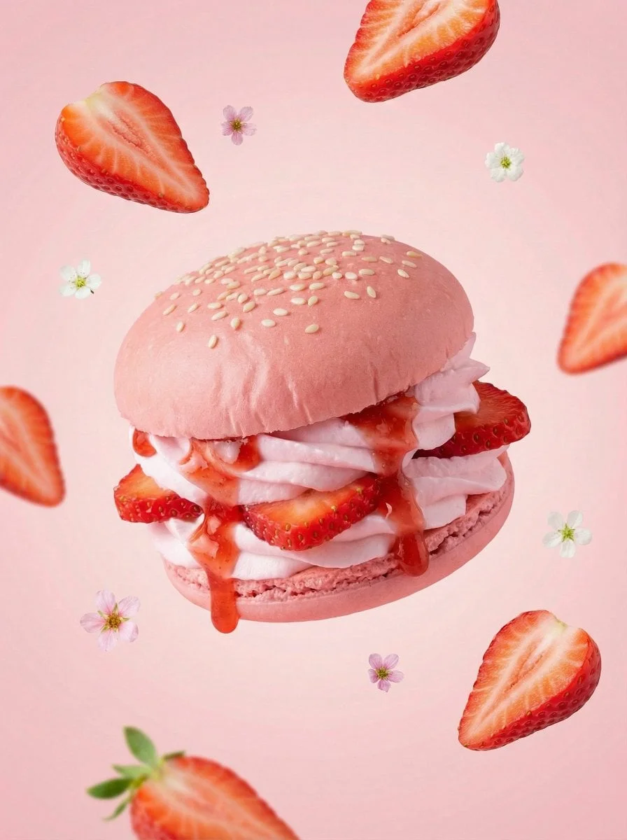 A hyper-realistic FRUIT dessert burger centered