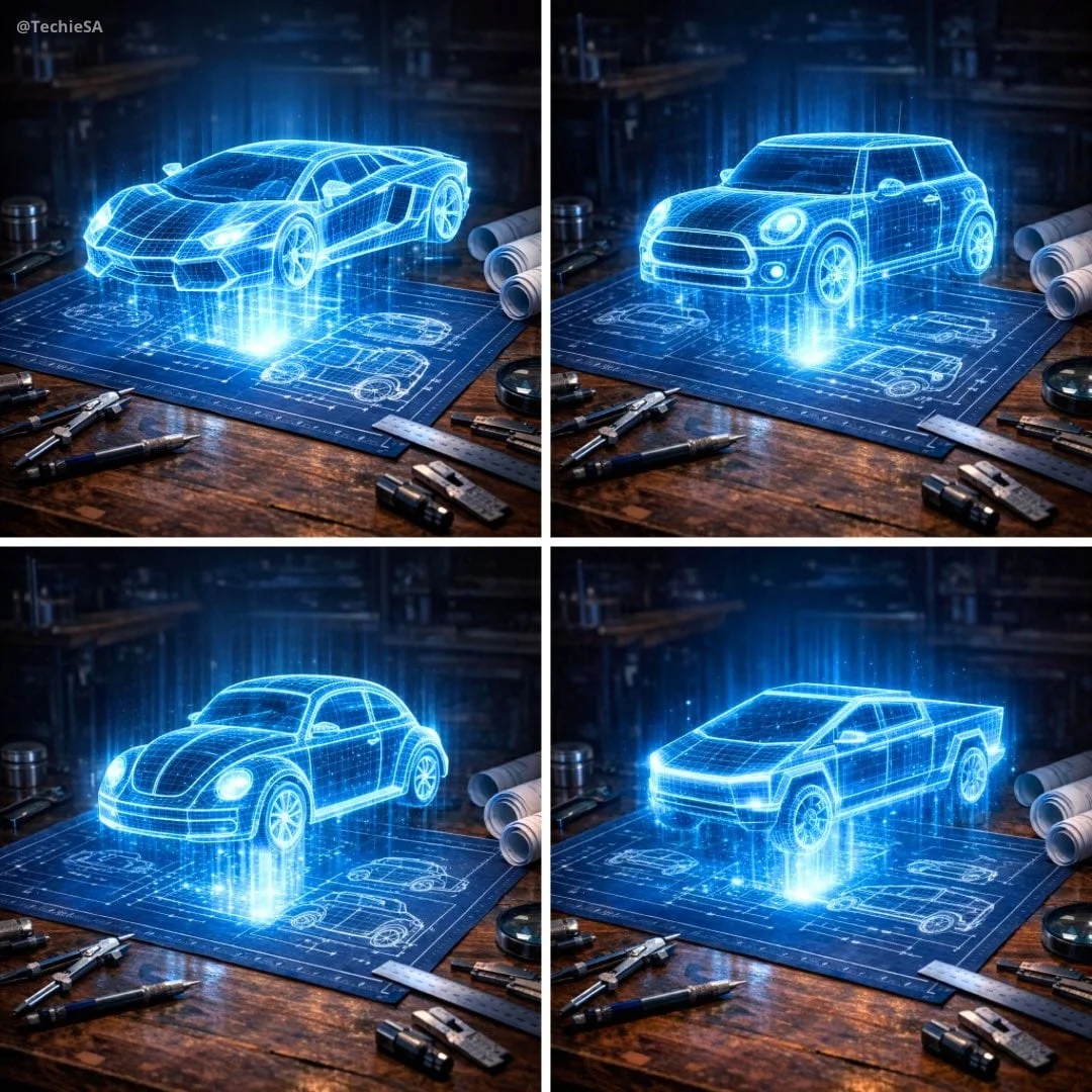Create a hyper-realistic 3D holographic blueprint