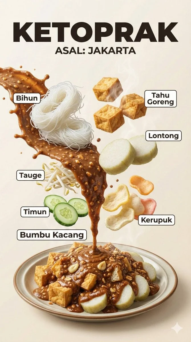 A hyper-realistic Indonesian food infographic poster