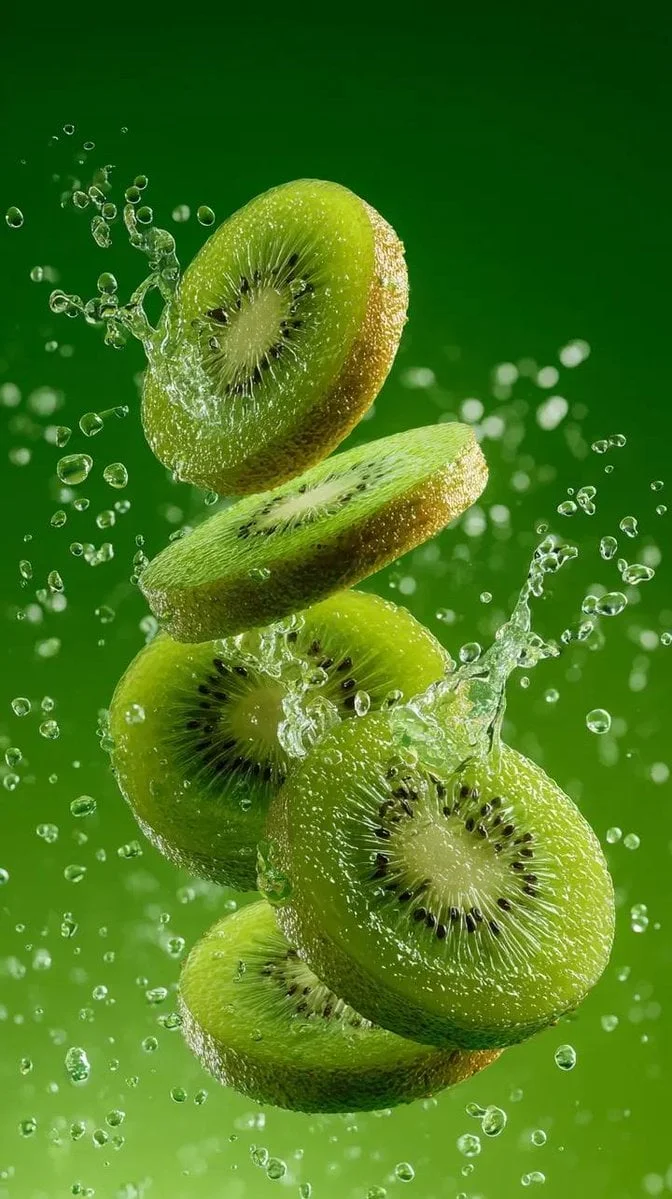 A hyper-realistic image of a sliced kiwi splashing in a