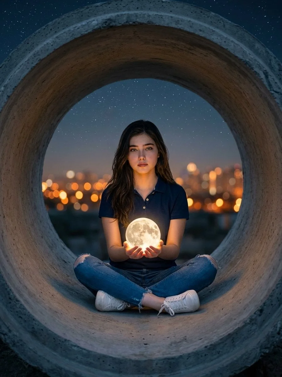 Hyper-realistic surreal photography of a woman sitting