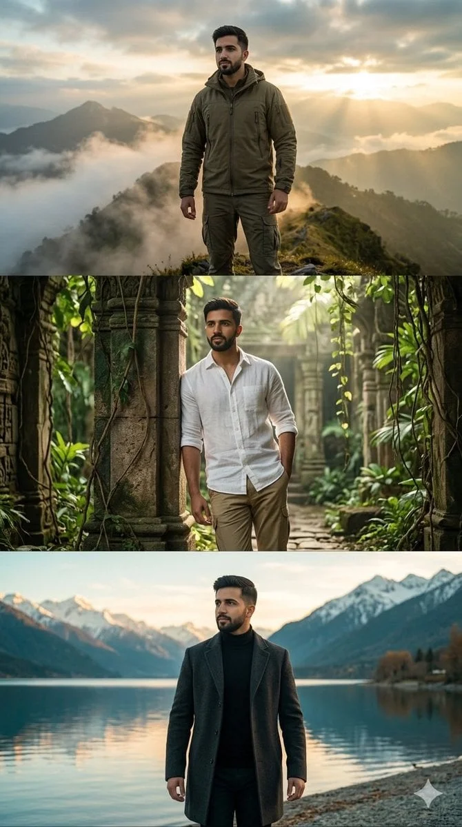 Create a hyper-realistic three-panel vertical cinematic