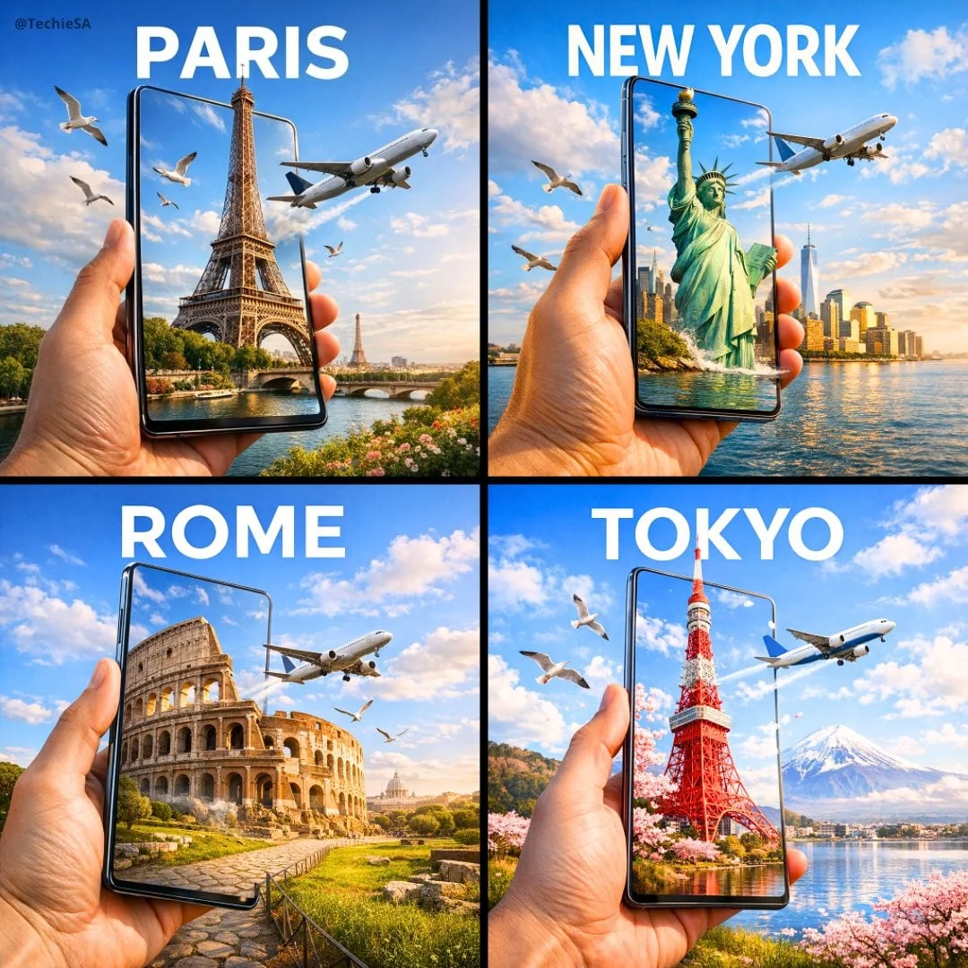 A hyper-realistic travel advertisement in square format
