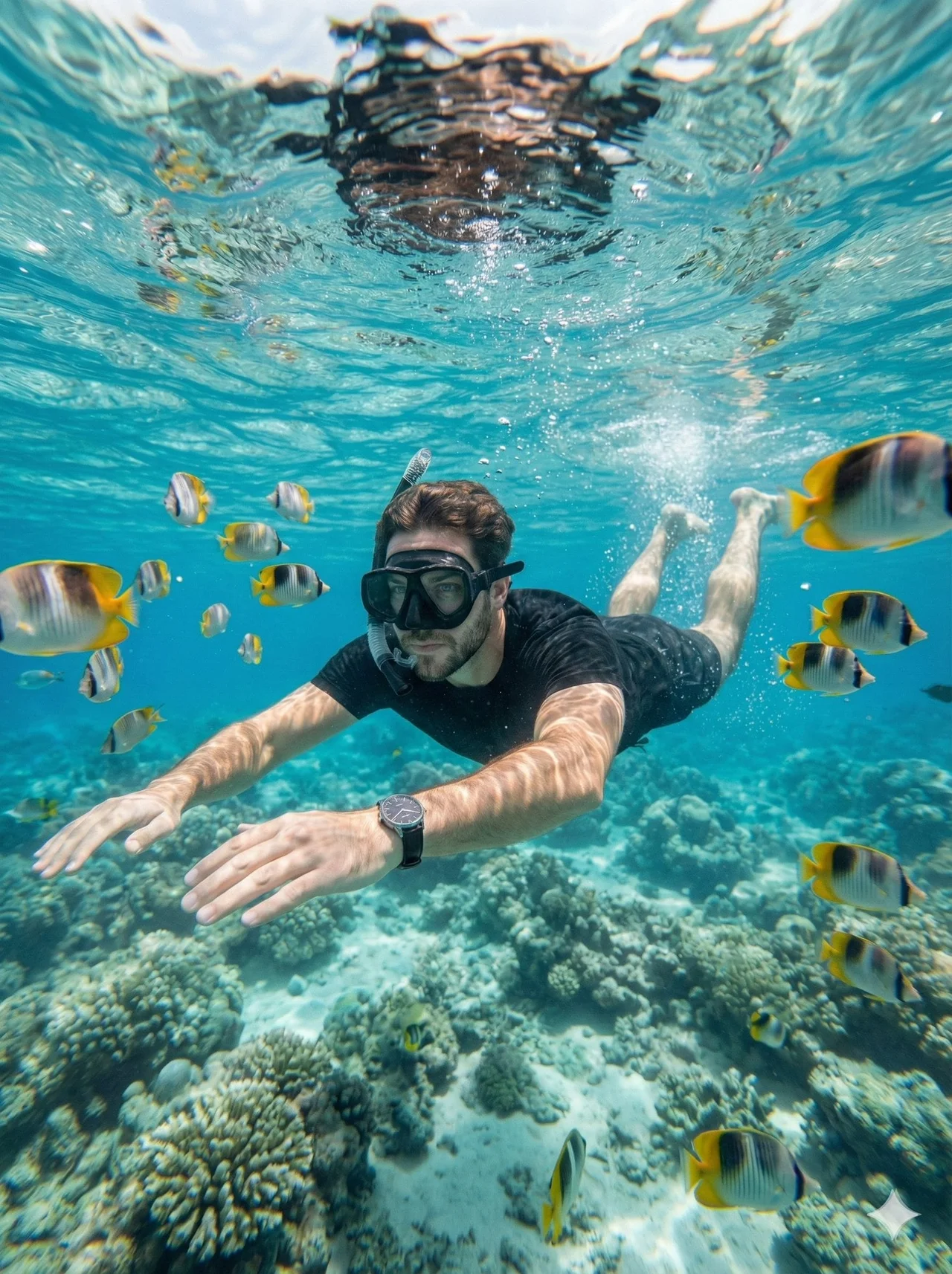 Create a hyper-realistic underwater close-range portrait