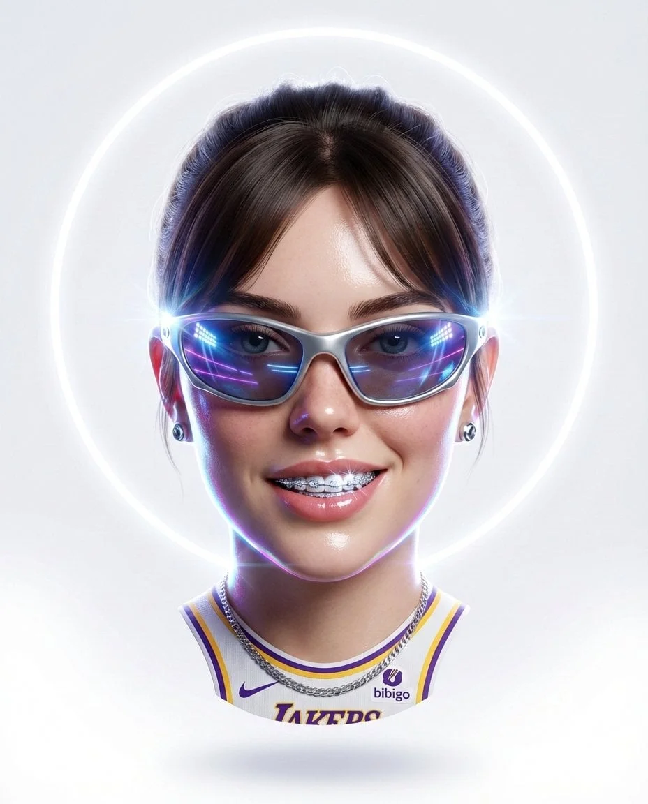 Hyper-stylized dynamic 3D floating head portrait of the