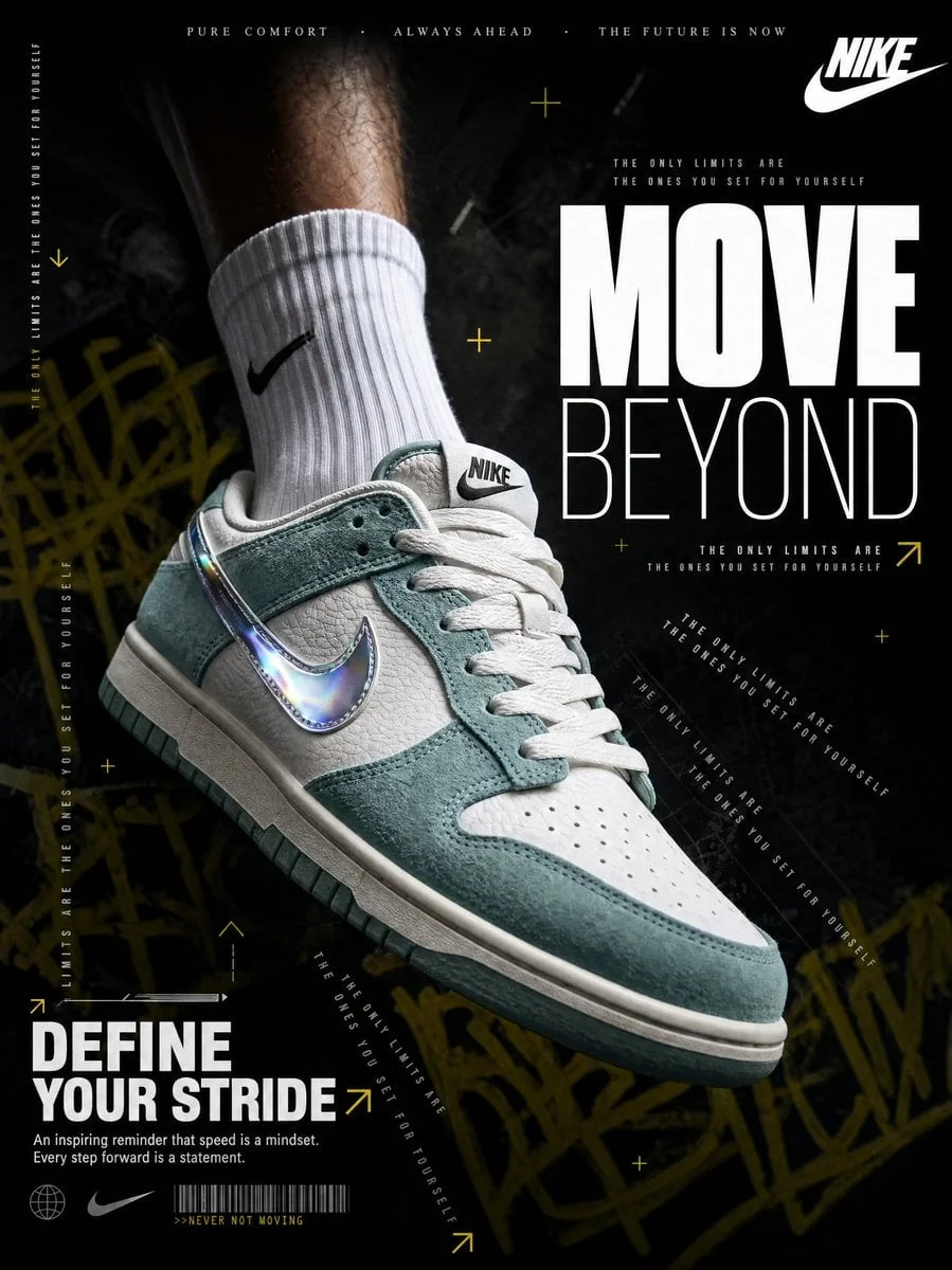 A hyperrealistic Nike sneaker advertisement shot in a