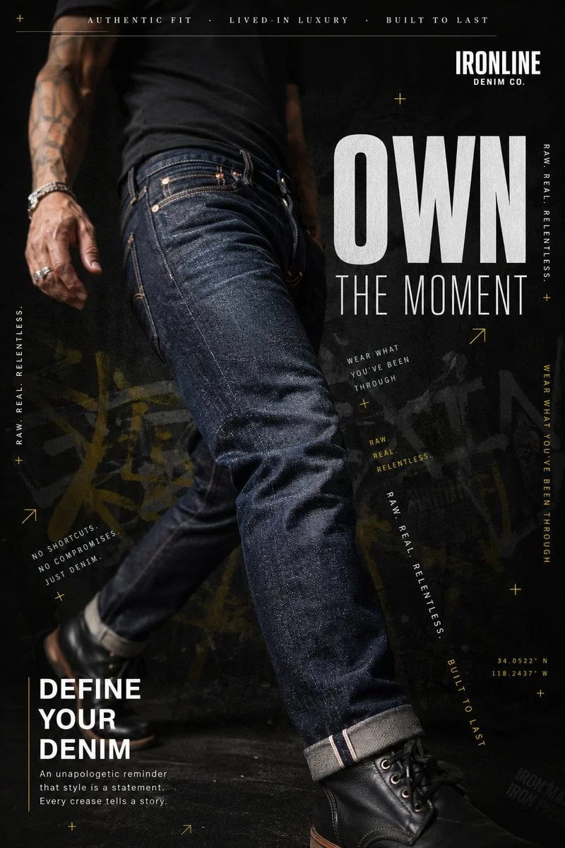 A hyperrealistic premium denim advertisement shot in a