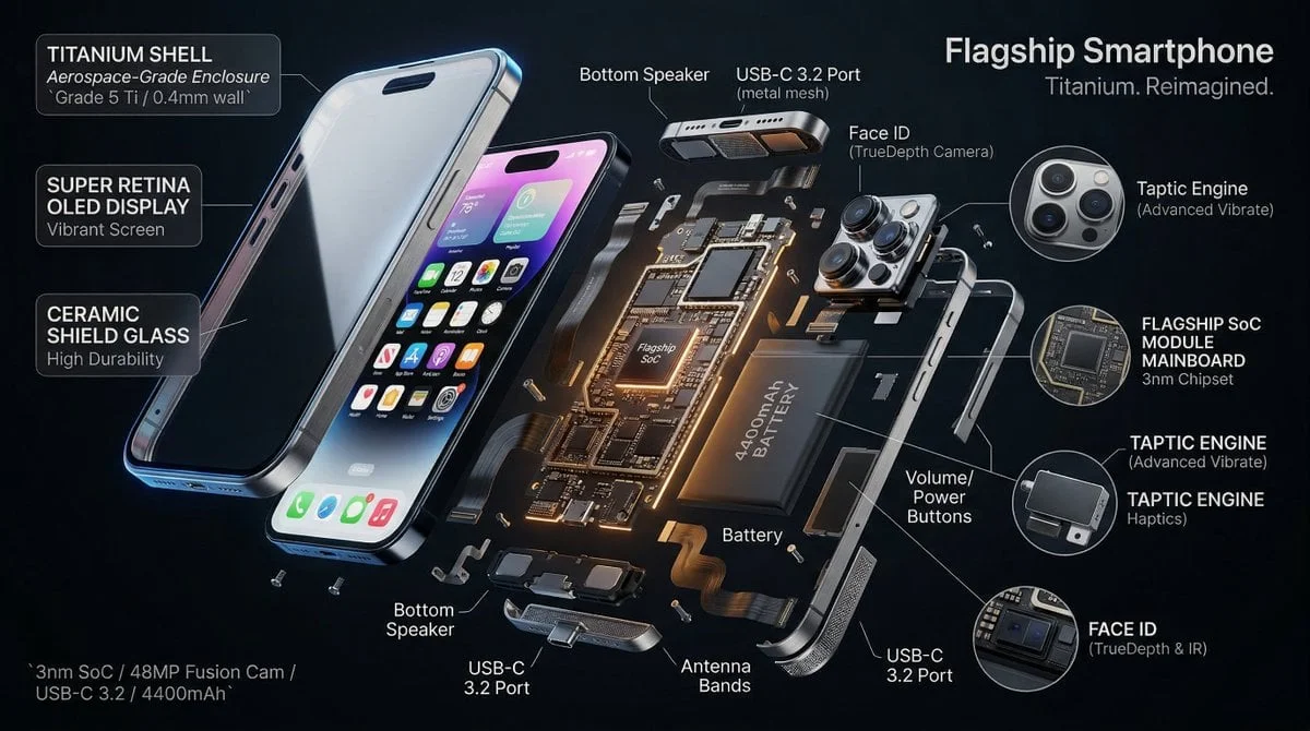 Hyperrealistic 3D radial exploded view of PRODUCT
