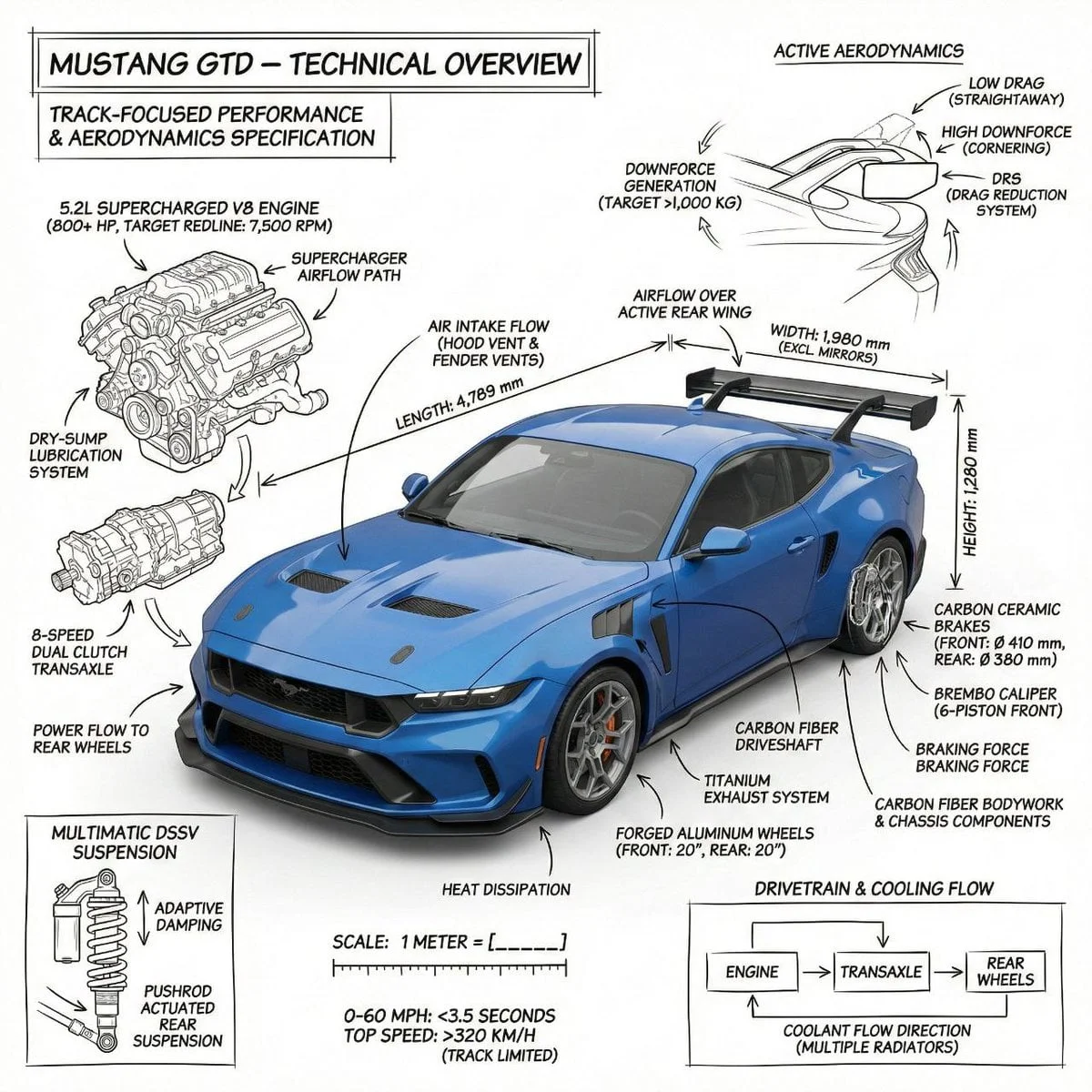 Create an infographic image of Mustang GTD combining a