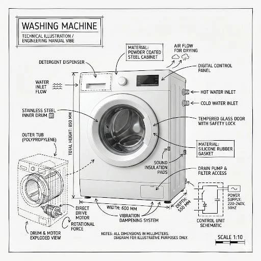 Create an infographic image of washing machine