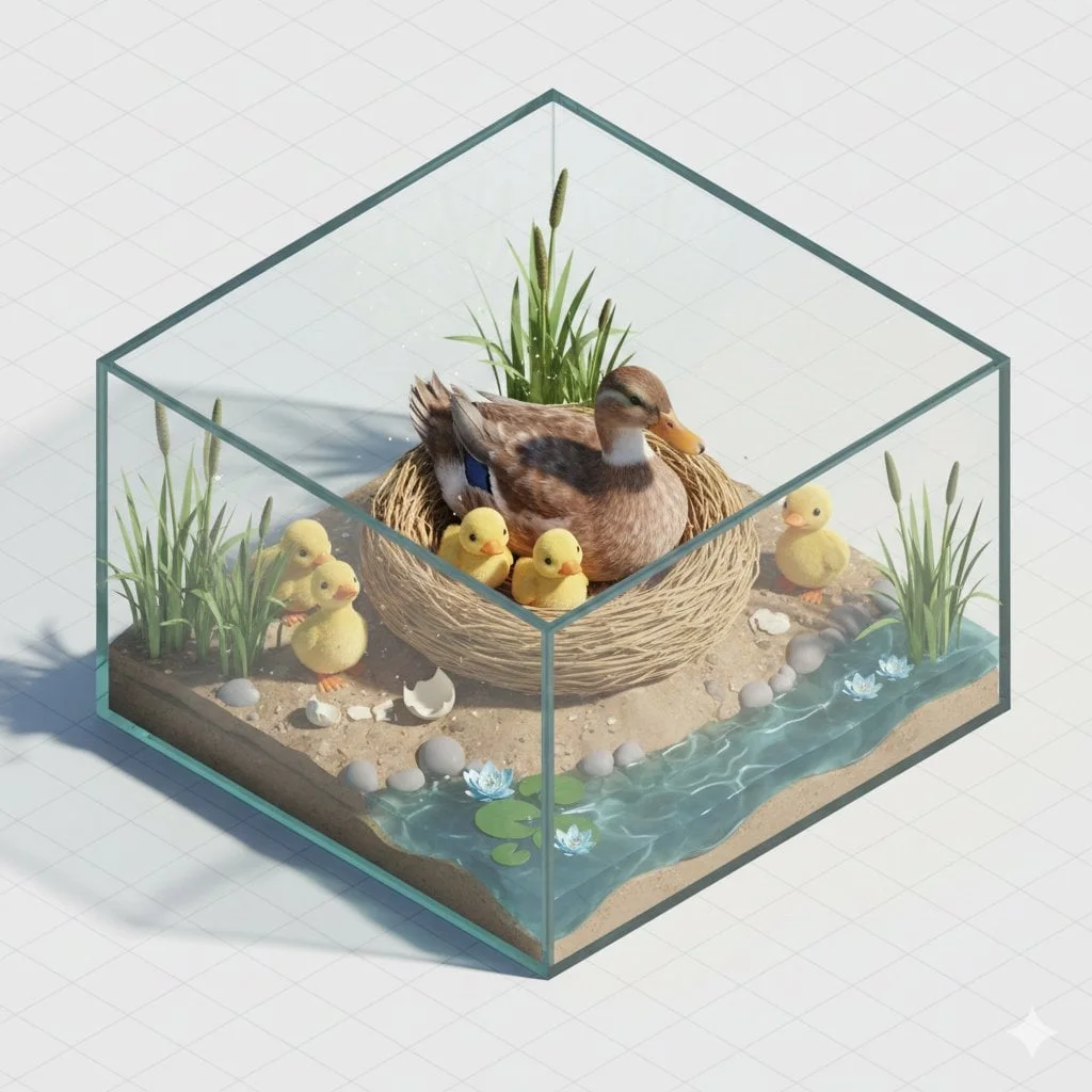 Isometric miniature nature diorama showing a mother