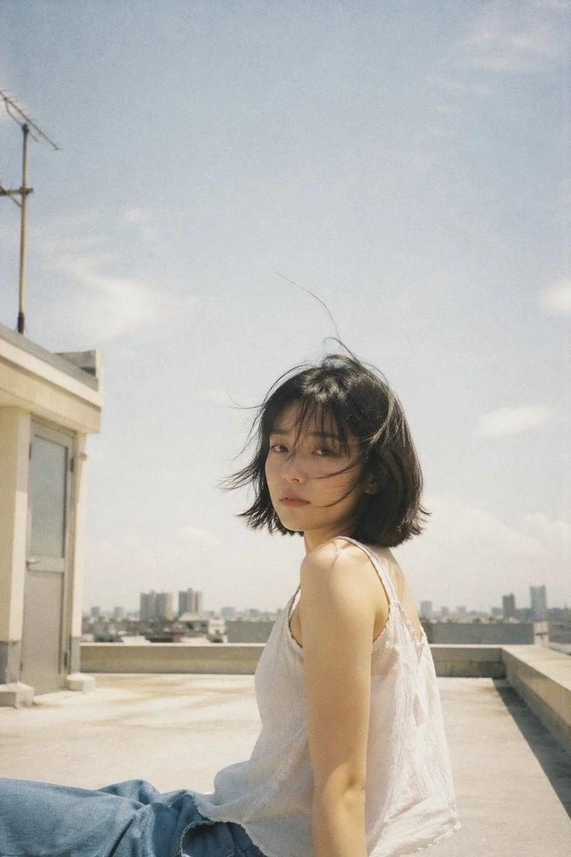 Japanese negative film aesthetic rooftop summer scene