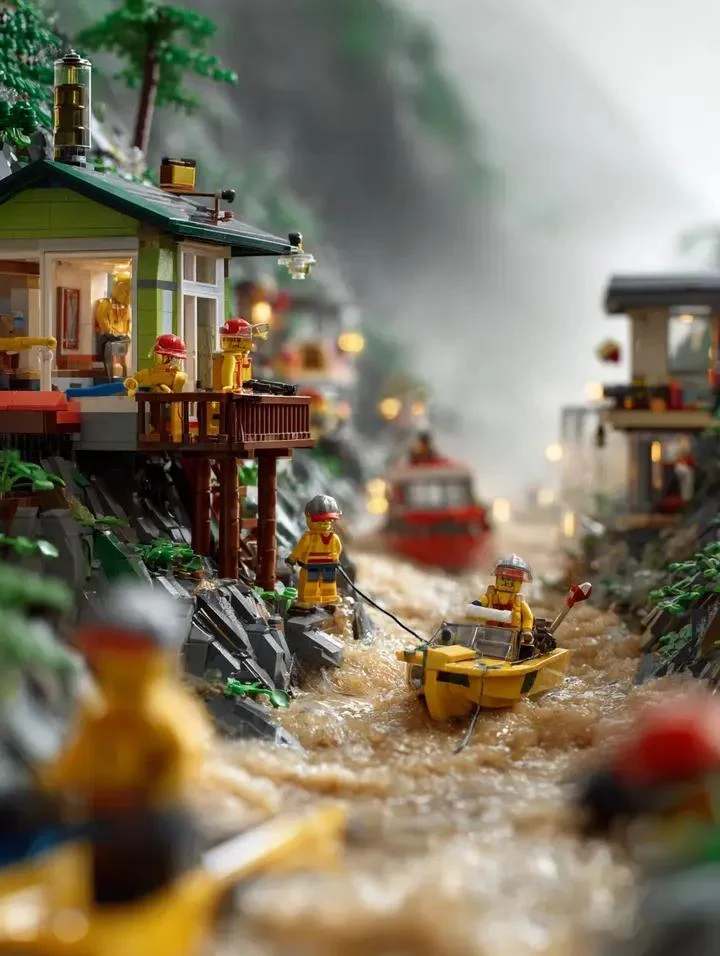 LEGO mountain flood rescue scene torrential rain