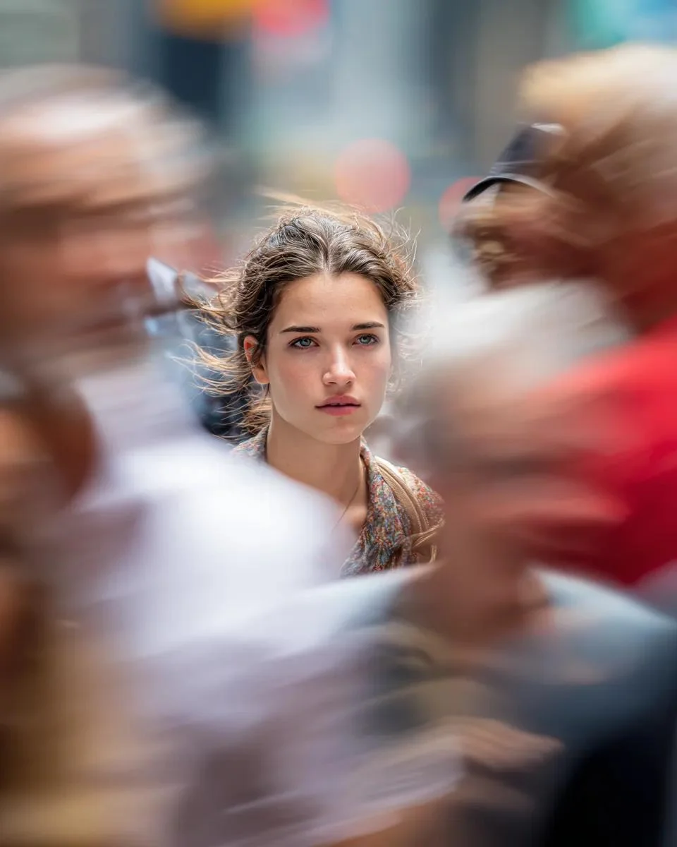 Model looking at camera close up of face busy New York