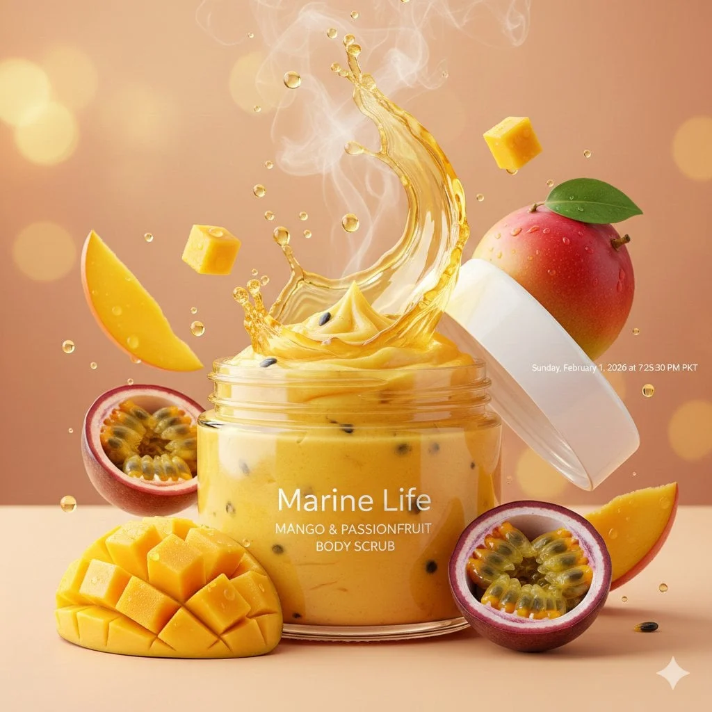 Luxurious tropical body scrub product photography open