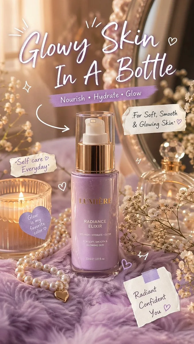 Luxury aesthetic skincare advertisement soft pastel