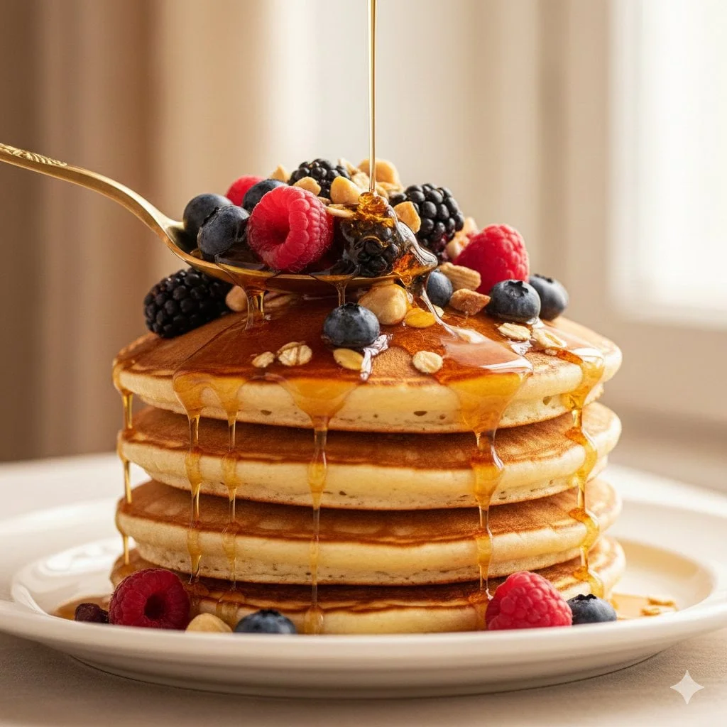 Ultra-luxury food commercial of a stack of thick fluffy