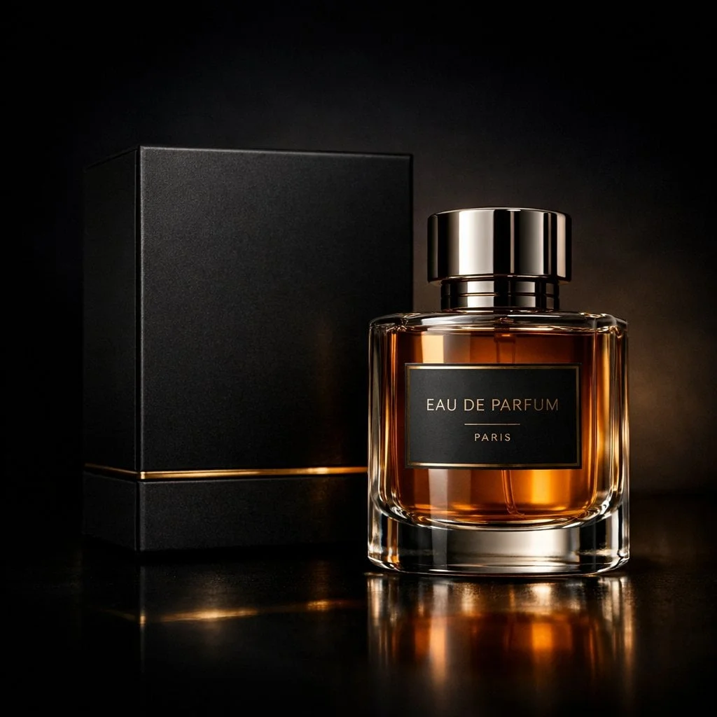 Luxury perfume product photography in a dark cinematic