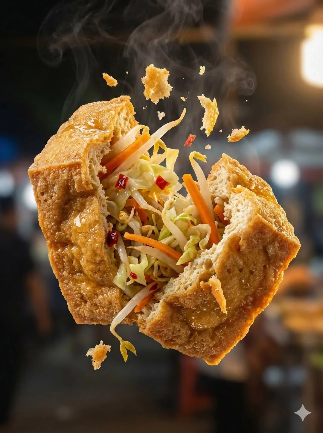 Macro food photography of a crispy martabak telur