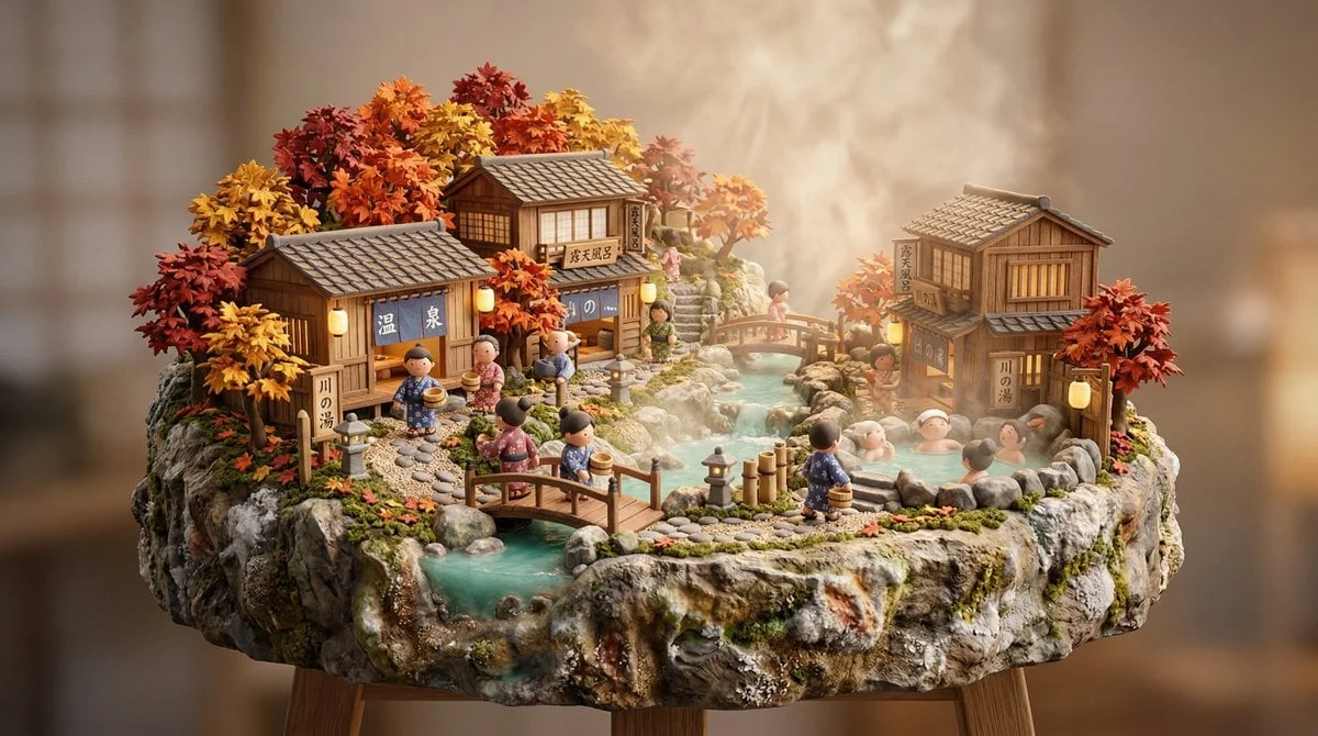 3D miniature scene a JAPANESE ONSEN VILLAGE with