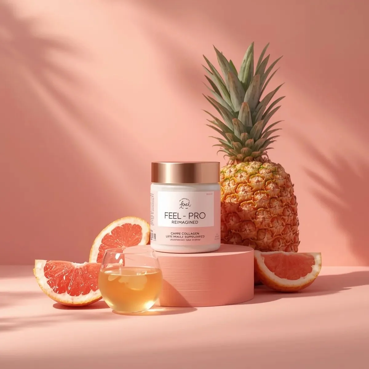 Minimalist luxury product photography of a collagen