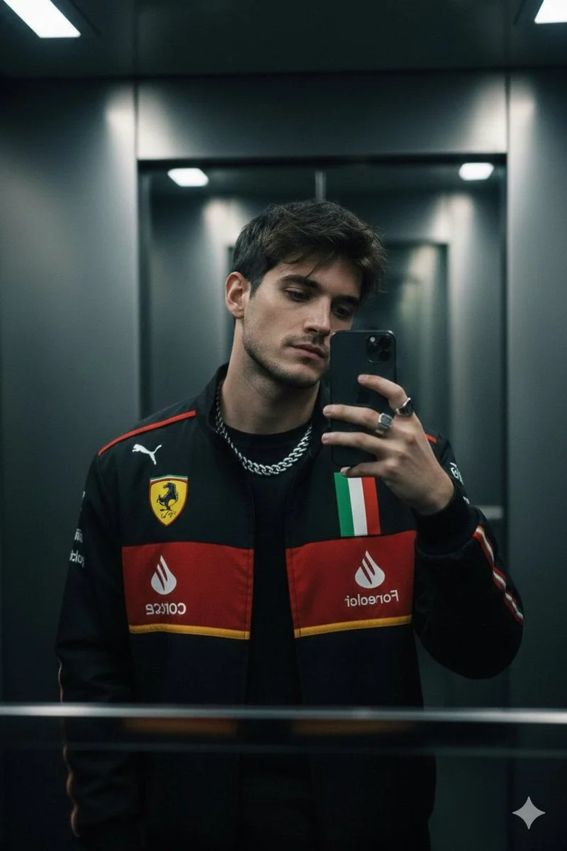 A moody cinematic mirror selfie of a stylish young man