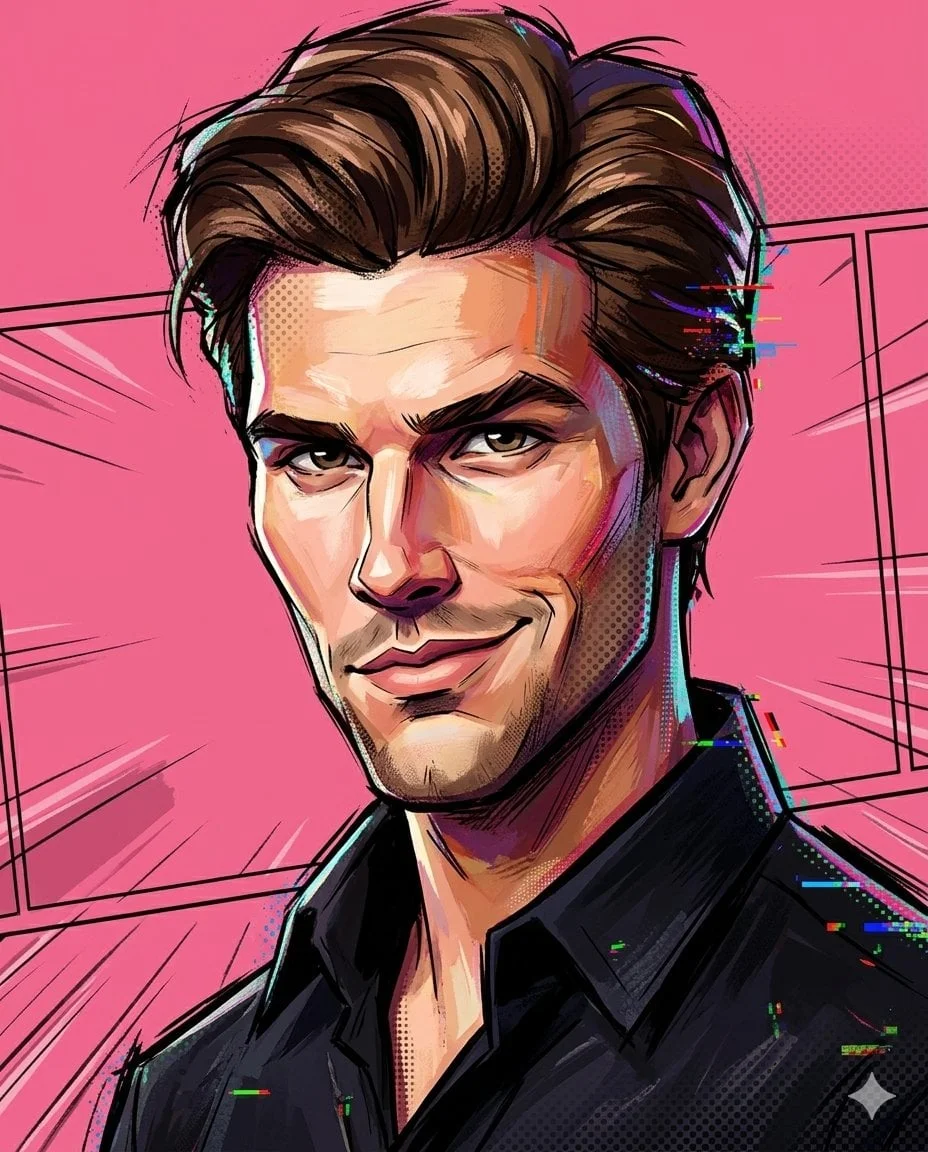 A painterly exaggerated cartoon portrait combining