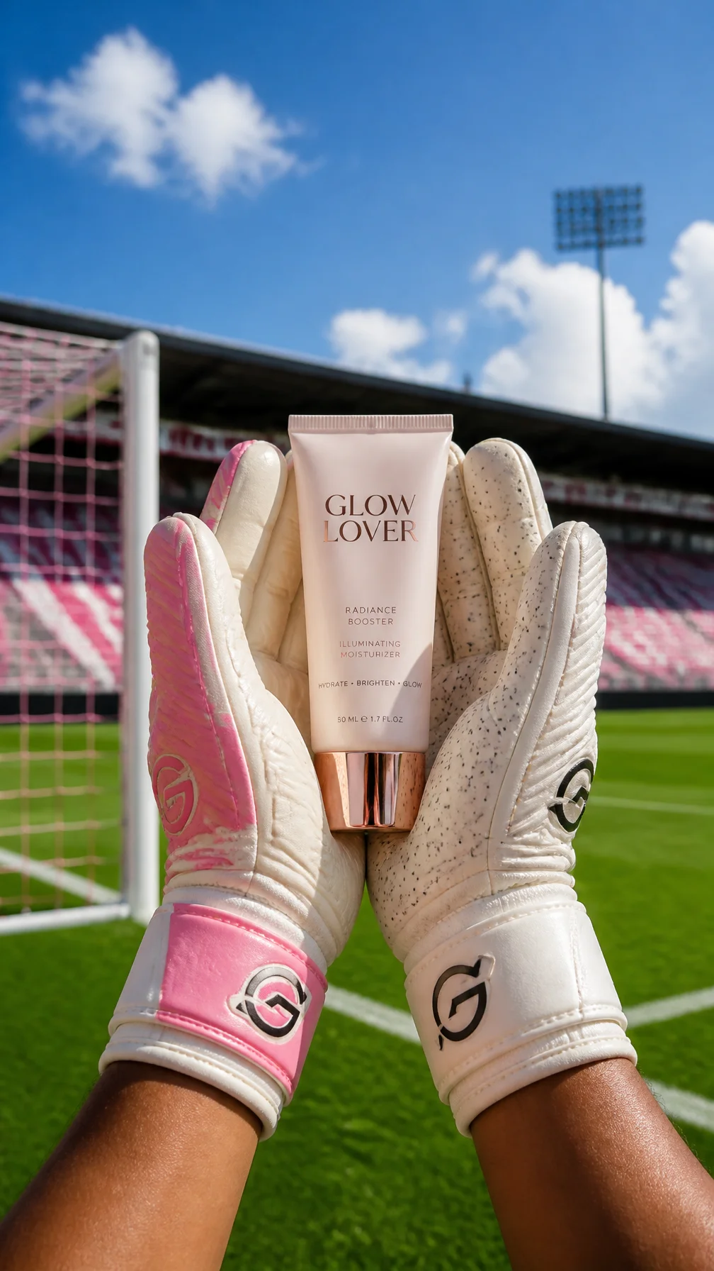 A Pair of Goalkeeper Gloves, One with Pink Accents, Is Held in the Center of