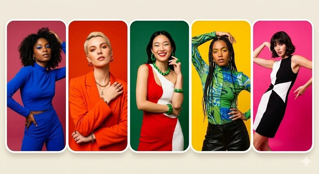 5 Panel Colorful Portrait Collage, Fashion Models, Monochrome Backgrounds (pink