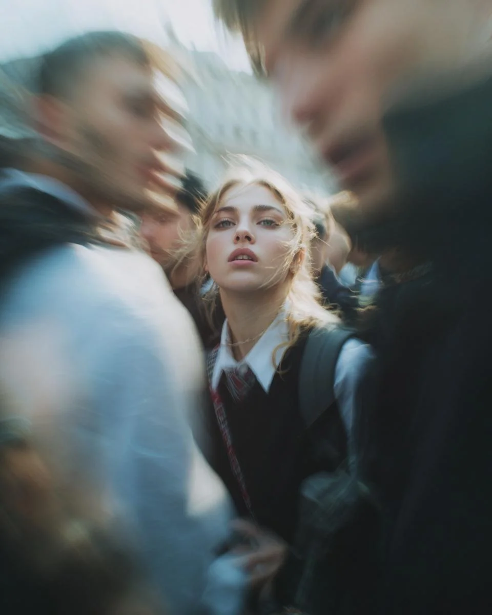 Paparazzi-style extreme close-up photo of a woman with
