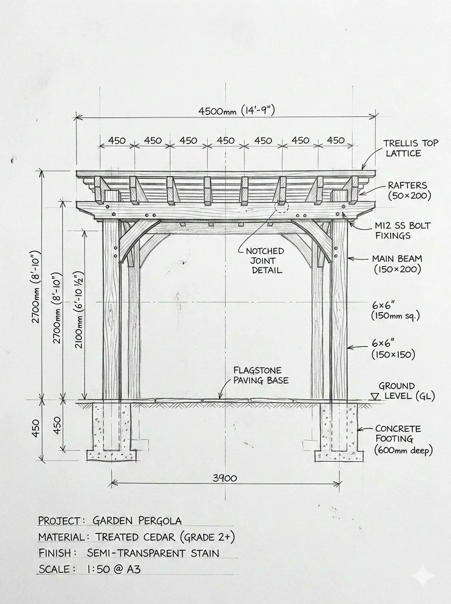 Pergola Blueprint Prompt Hand-drawn architectural