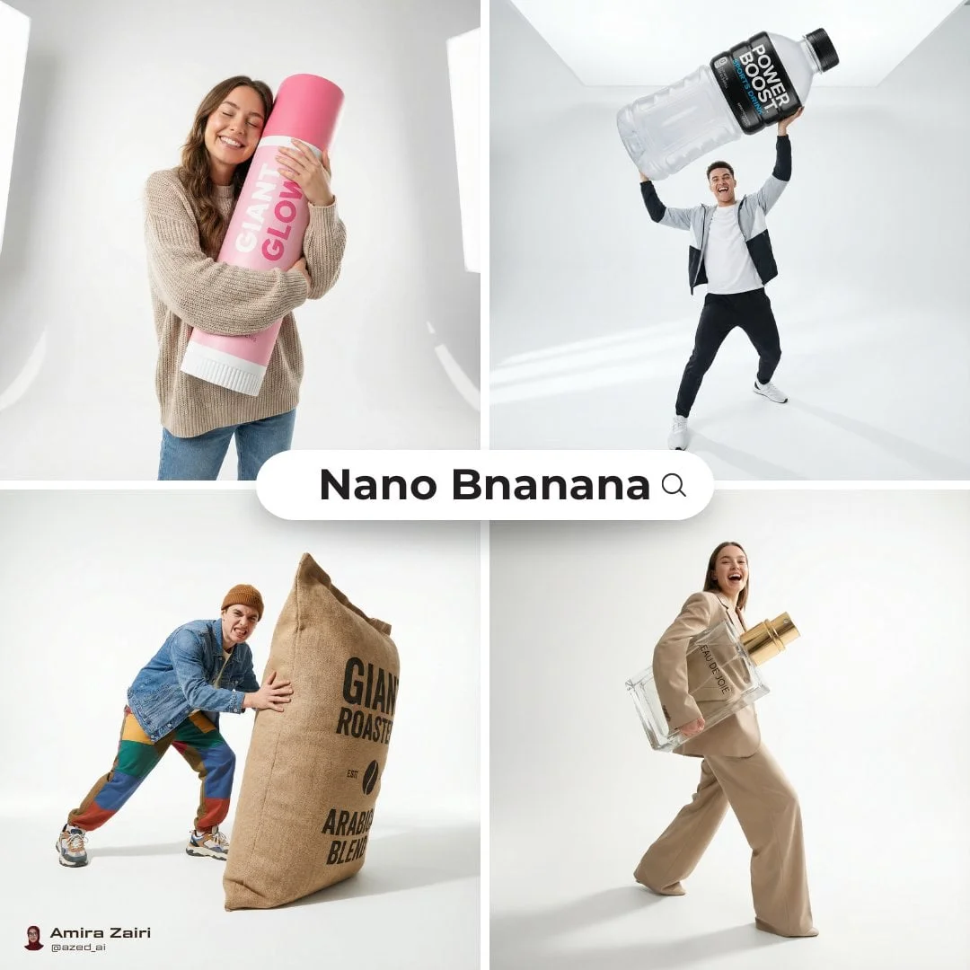 person pose oversized product in the attached