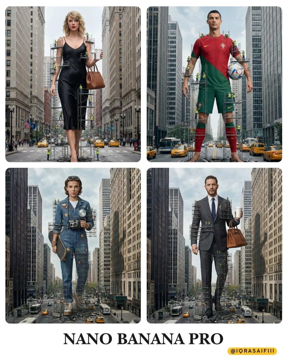 description A colossal woman standing in a city st
