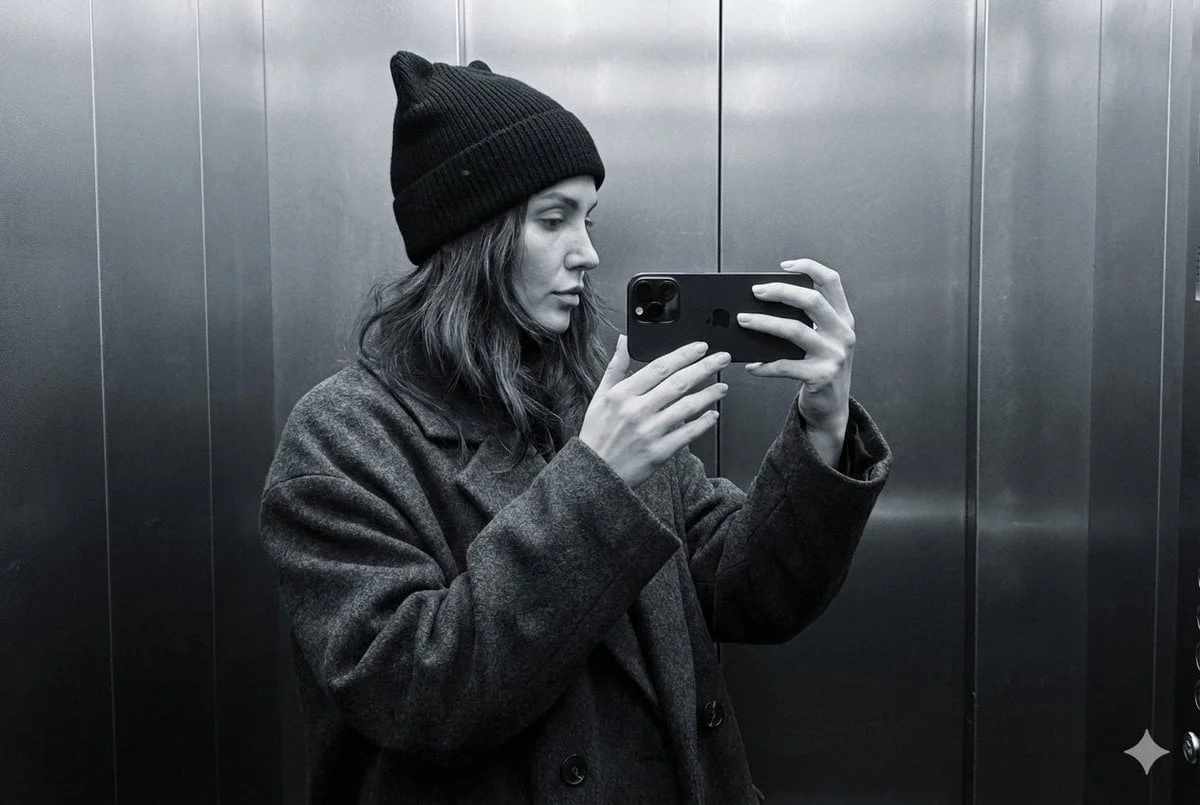 A photorealistic profile selfie minimalist and