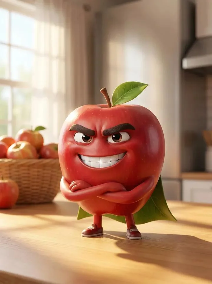 A Pixar-style 3D animated character of a single red apple