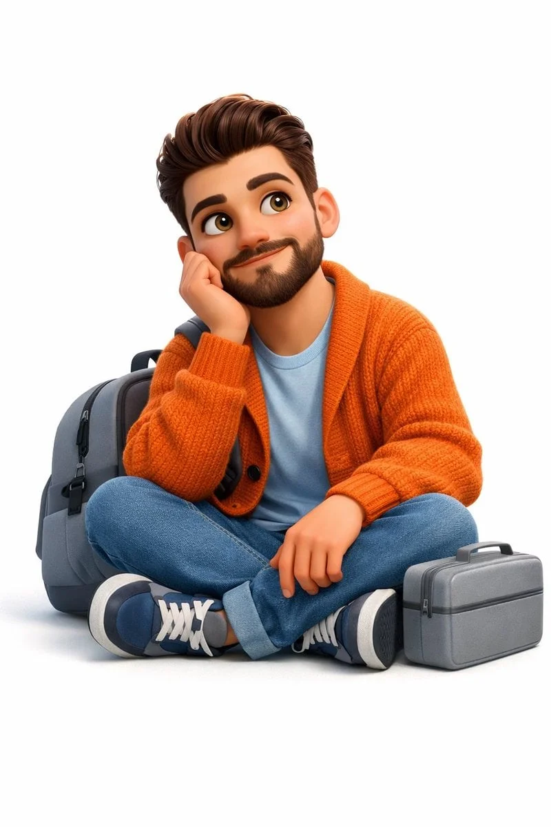 create a A 3D Pixar-style animated young man sits